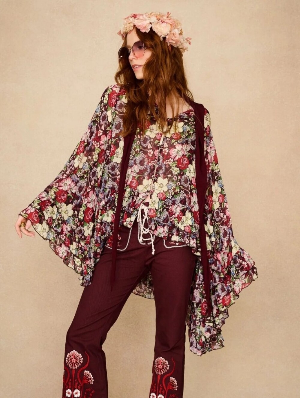 The Hippie Shake Camellia Floral Cape Top Burgundy & Multicolor M/L